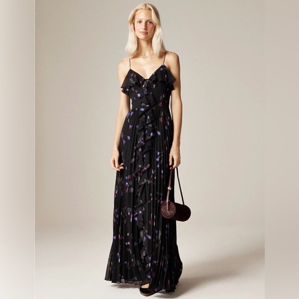 NWT J.Crew Festive Chiffon Floral Pleated Maxi Dress Ruffle Front Evening Gown